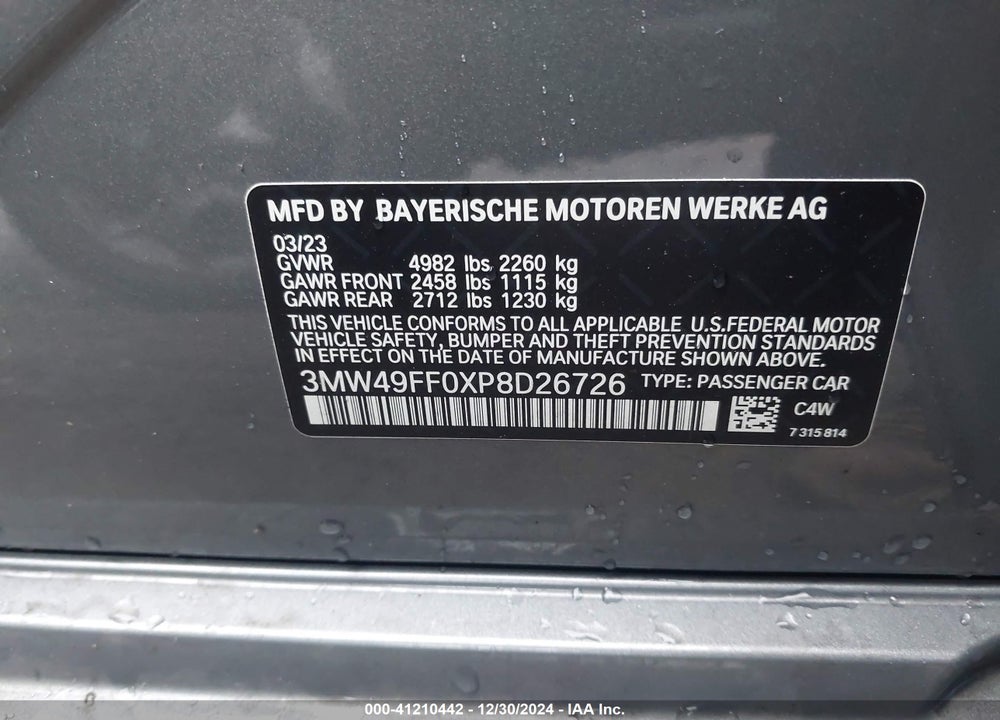 2023 BMW 3 SERIES VIN: 3MW49FF0XP8D26726