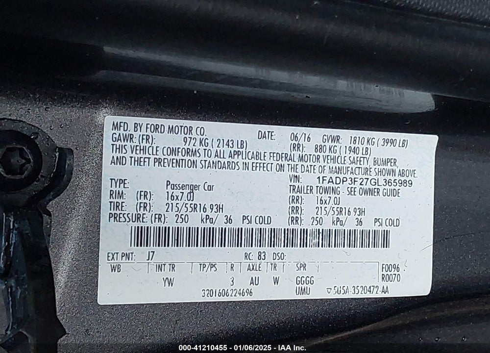 2016 FORD FOCUS VIN: 1FADP3F27GL365989