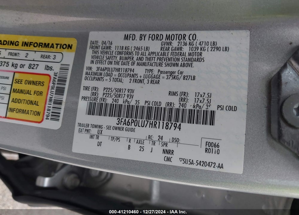 2017 FORD FUSION HYBRID SE VIN: 3FA6P0LU7HR118794