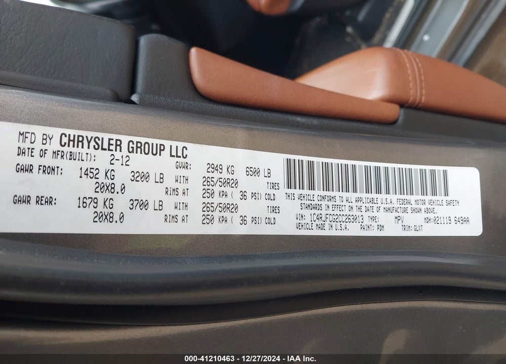 2012 JEEP GRAND CHEROKEE OVERLAND VIN: 1C4RJFCG2CC263013