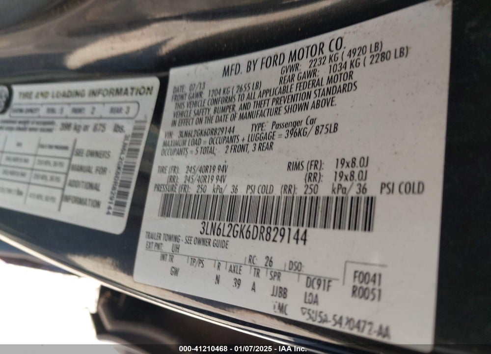 2013 LINCOLN MKZ VIN: 3LN6L2GK6DR829144