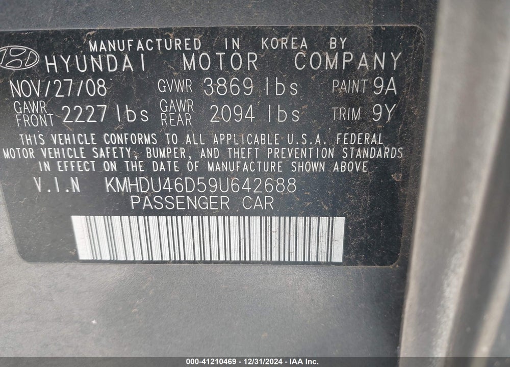 2009 HYUNDAI ELANTRA VIN: KMHDU46D59U642688