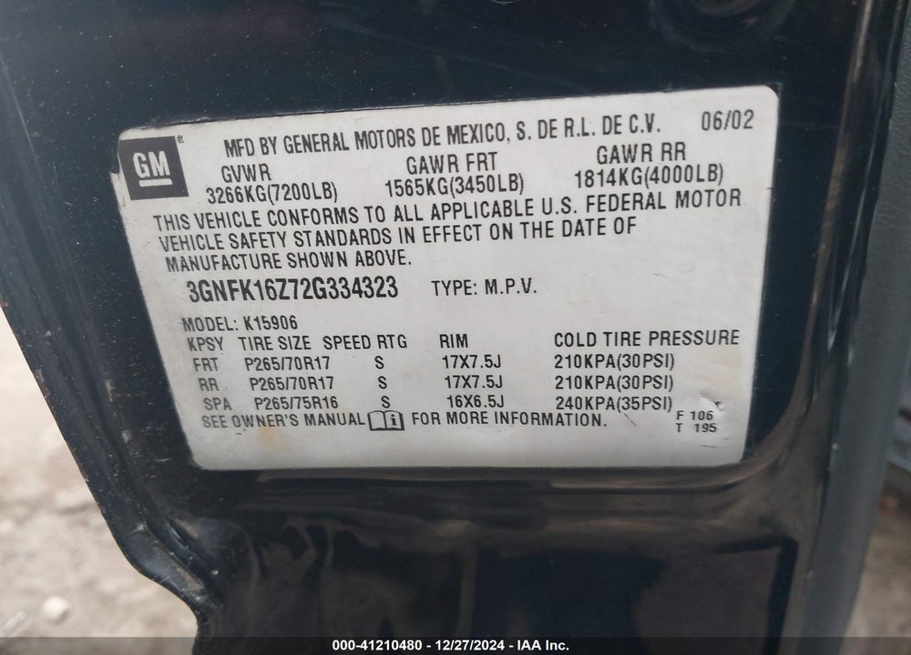 2002 CHEVROLET SUBURBAN 1500 Z71 VIN: 3GNFK16Z72G334323