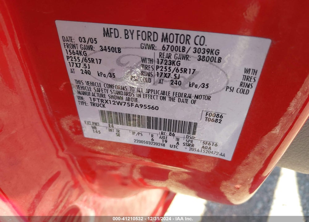 2005 FORD F-150 STX/XL/XLT VIN: 1FTRX12W75FA95560