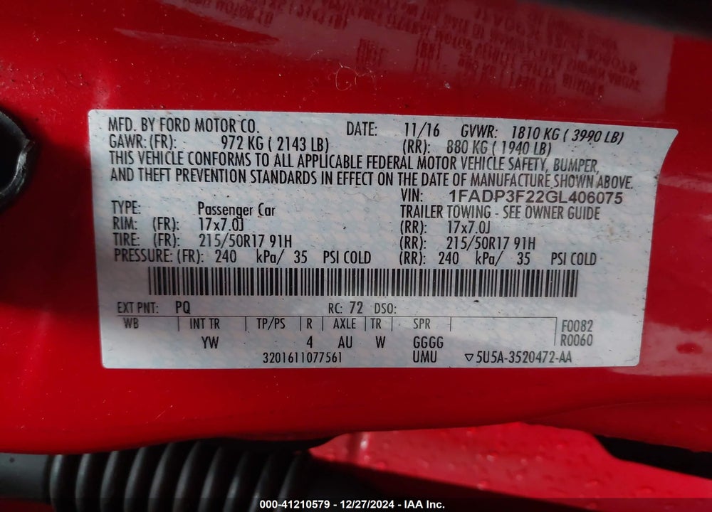 2016 FORD FOCUS SE VIN: 1FADP3F22GL406075