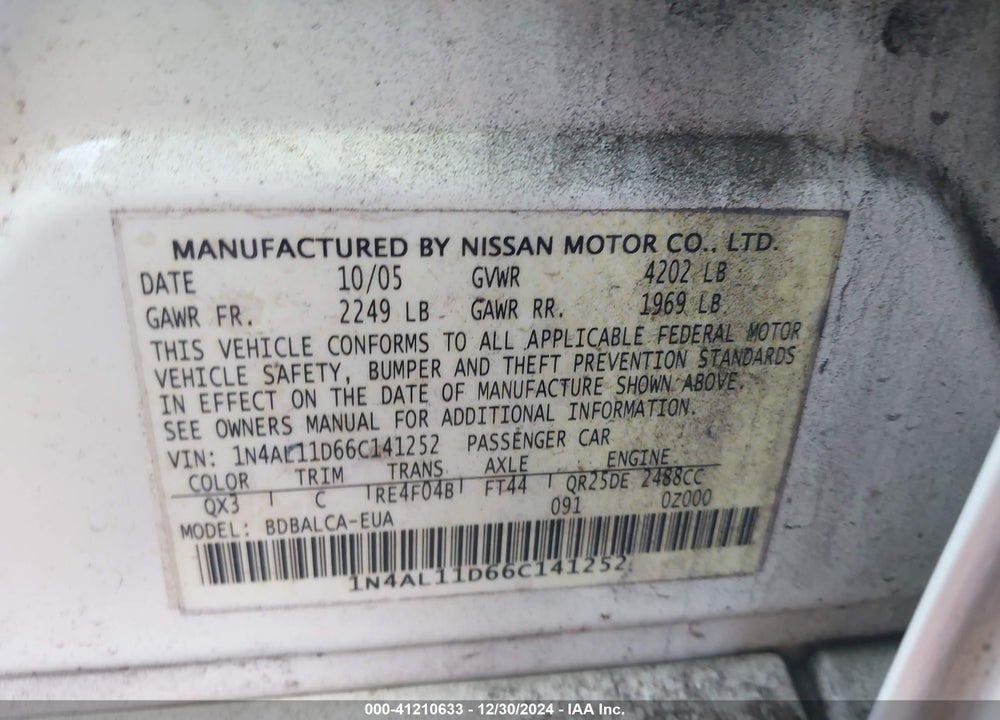 2006 NISSAN ALTIMA 2.5 S VIN: 1N4AL11D66C141252