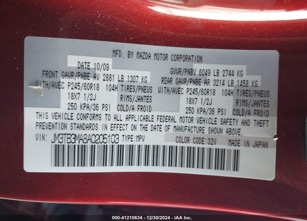 2010 MAZDA CX-9 TOURING VIN: JM3TB3MA8A0205103