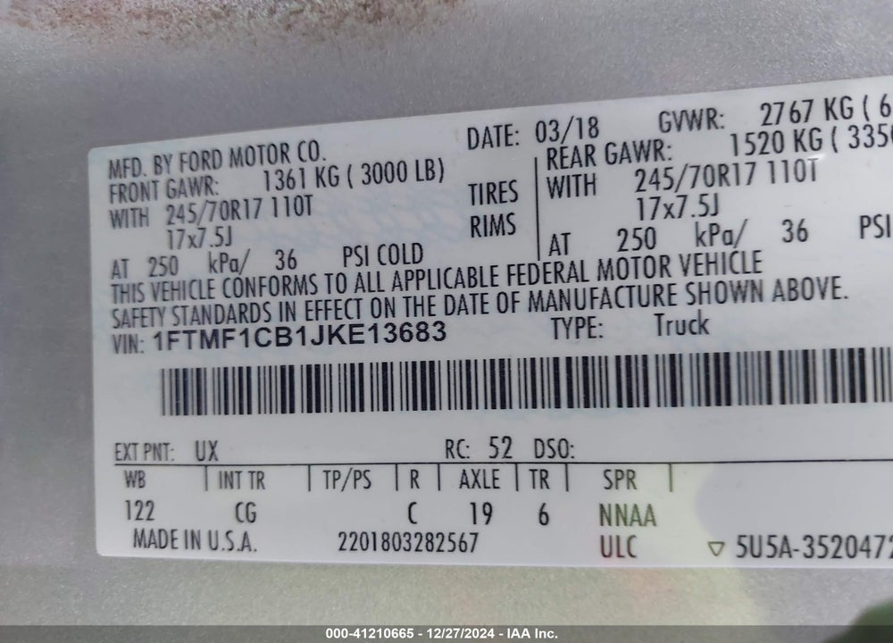 2018 FORD F-150 XL VIN: 1FTMF1CB1JKE13683