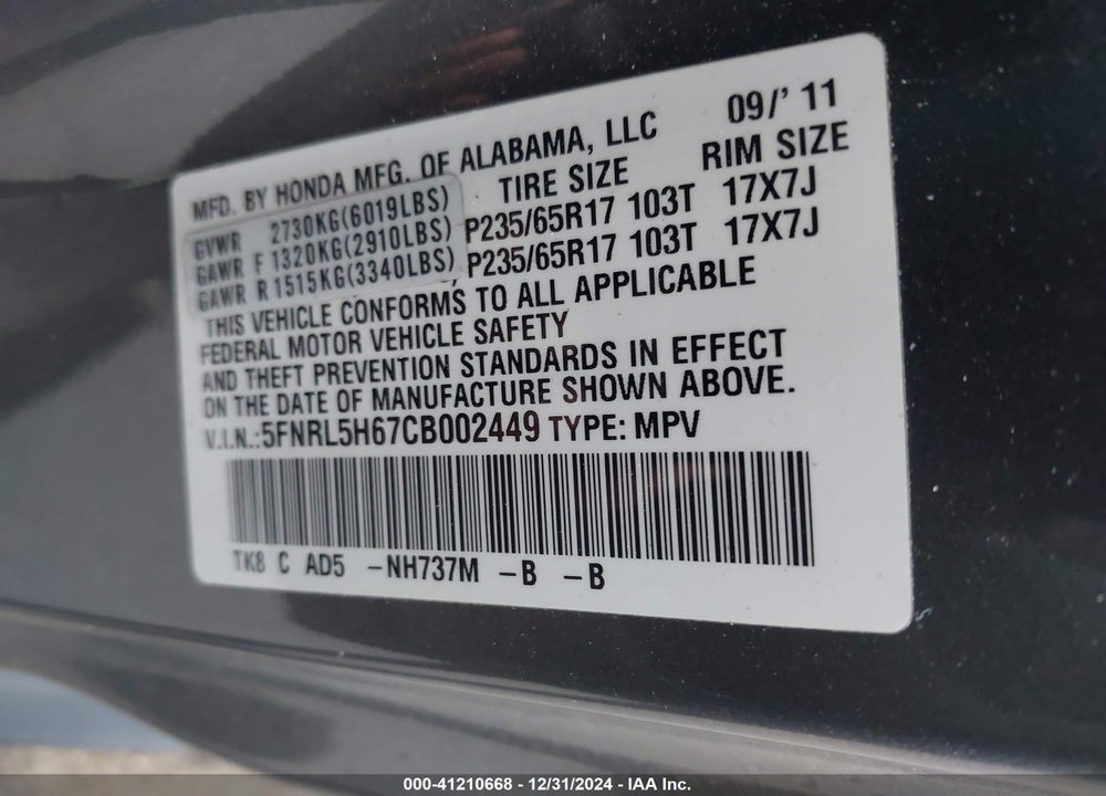 2012 HONDA ODYSSEY EX-L VIN: 5FNRL5H67CB002449