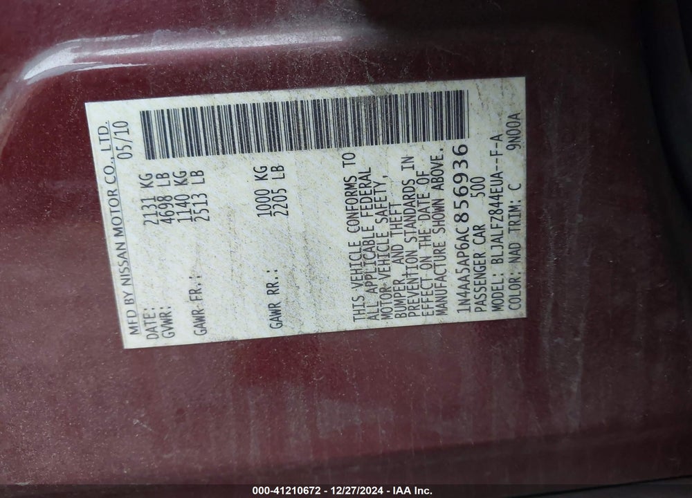 2010 NISSAN MAXIMA 3.5 SV VIN: 1N4AA5AP6AC856936