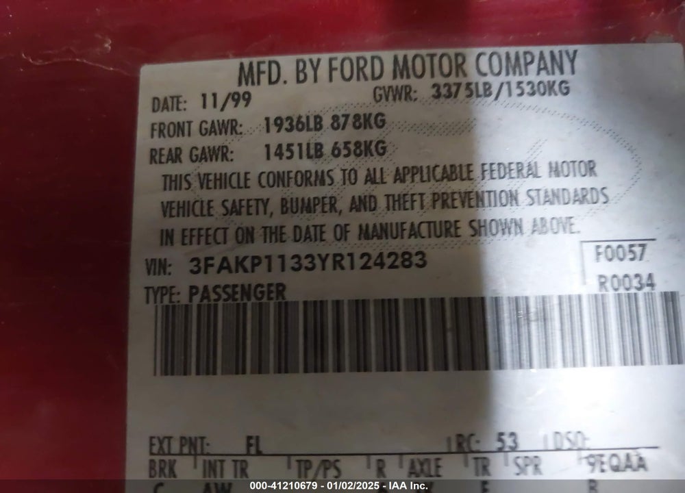 2000 FORD ESCORT ZX2 VIN: 3FAKP1133YR124283