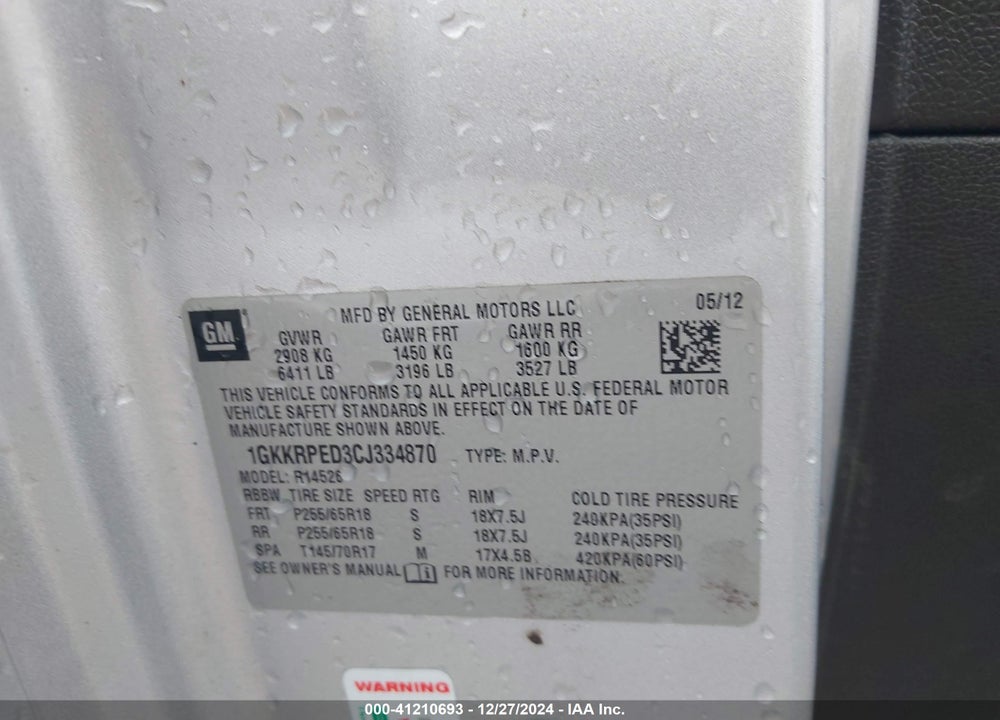 2012 GMC ACADIA SLE VIN: 1GKKRPED3CJ334870