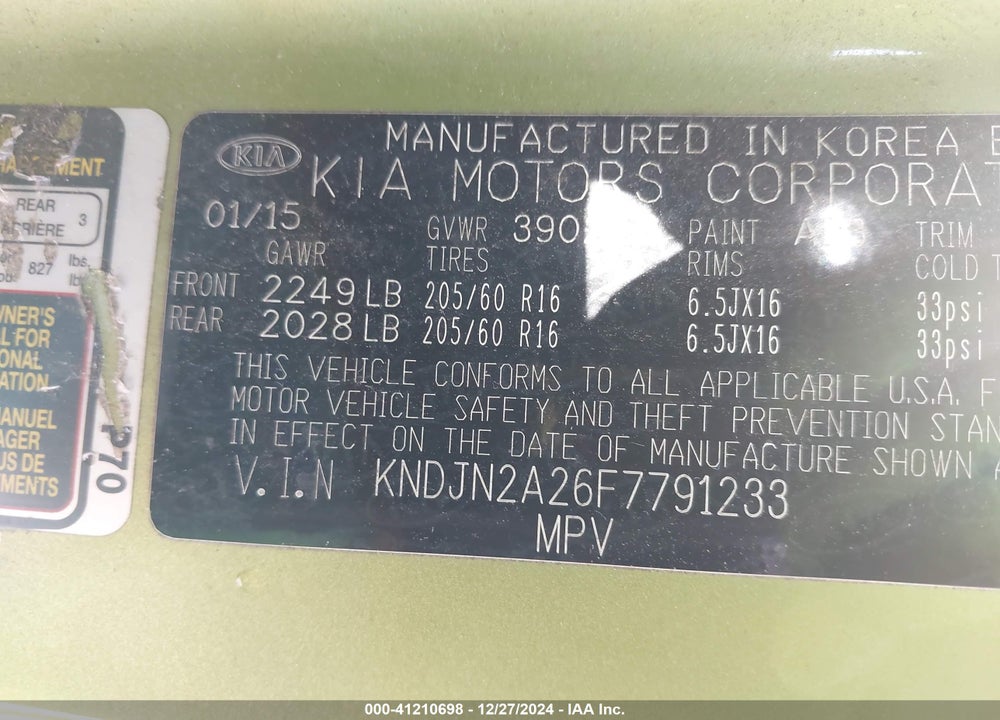 2015 KIA SOUL VIN: KNDJN2A26F7791233