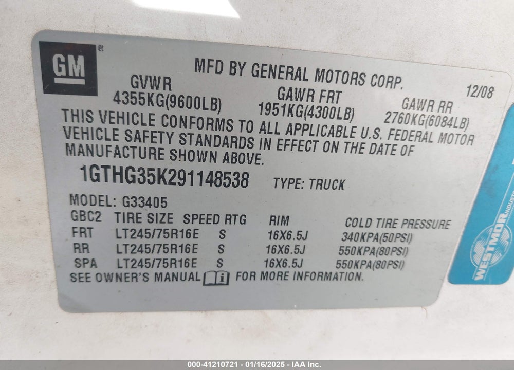 2009 GMC SAVANA 3500 WORK VAN VIN: 1GTHG35K291148538