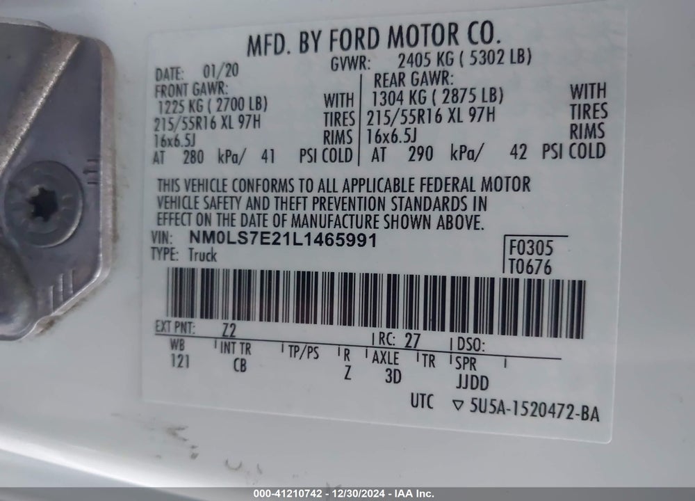 2020 FORD TRANSIT CONNECT XL VIN: NM0LS7E21L1465991