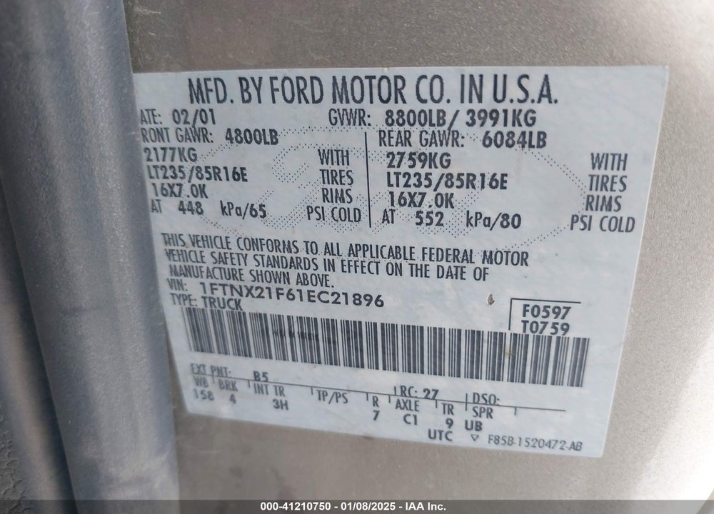 2001 FORD F-250 LARIAT/XL/XLT VIN: 1FTNX21F61EC21896