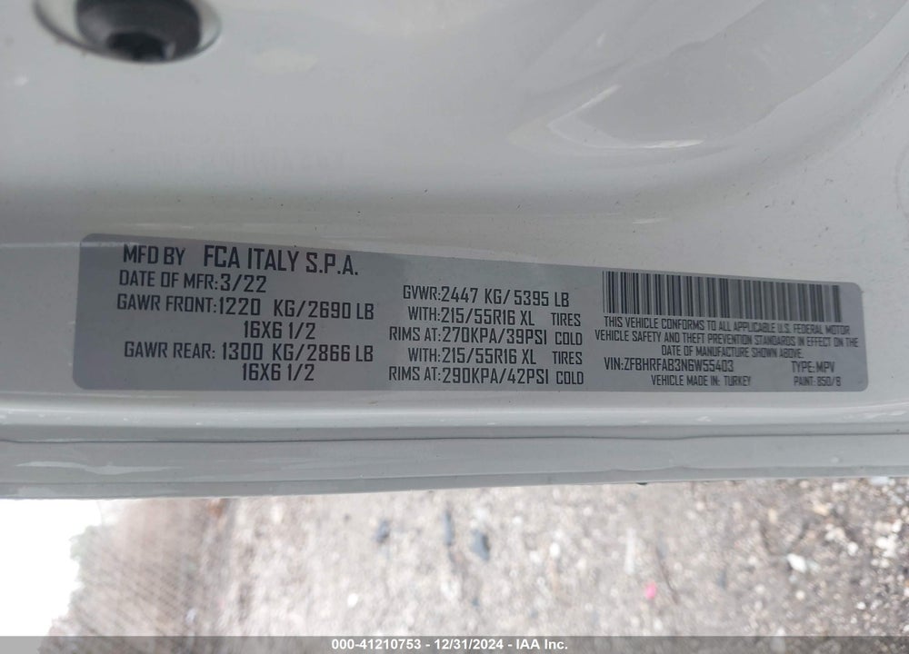 2022 RAM PROMASTER CITY CARGO VAN VIN: ZFBHRFAB3N6W55403