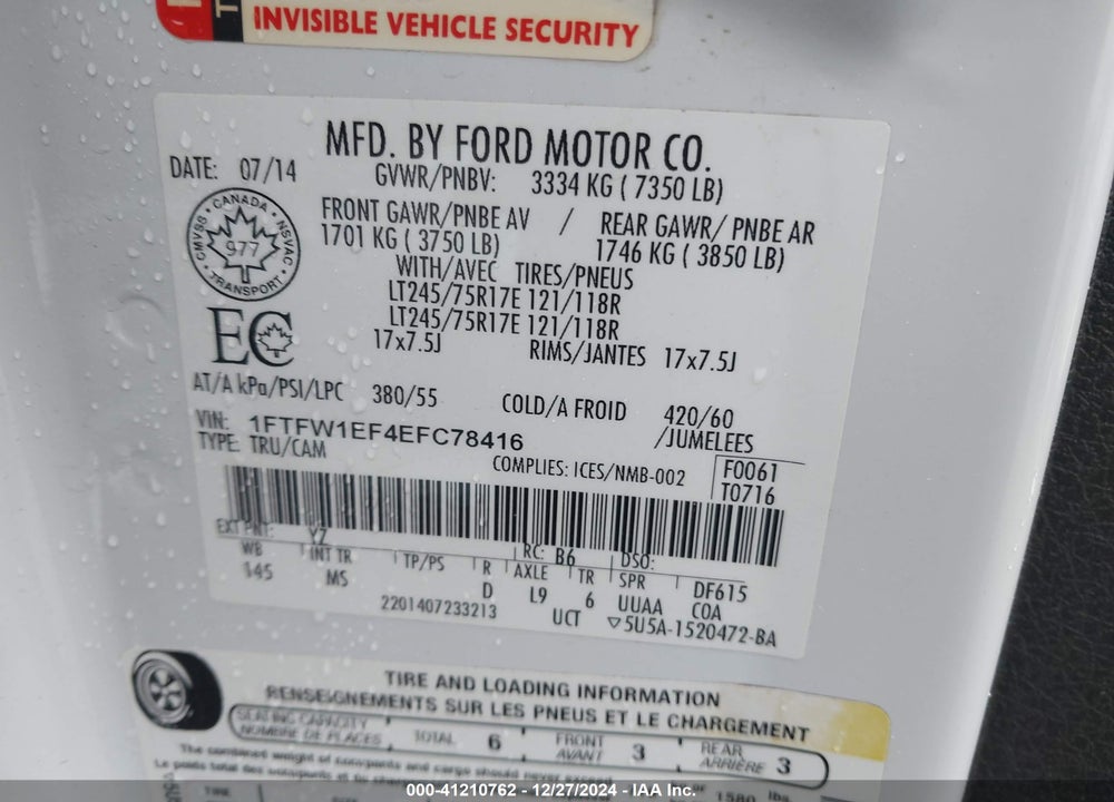 2014 FORD F-150 XLT VIN: 1FTFW1EF4EFC78416