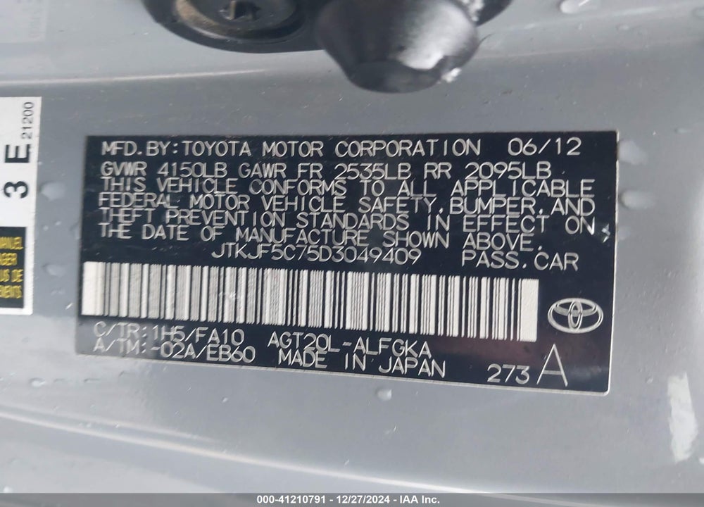 2013 SCION TC VIN: JTKJF5C75D3049409