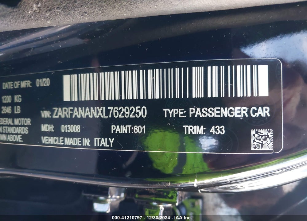 2020 ALFA ROMEO GIULIA VIN: ZARFANANXL7629250