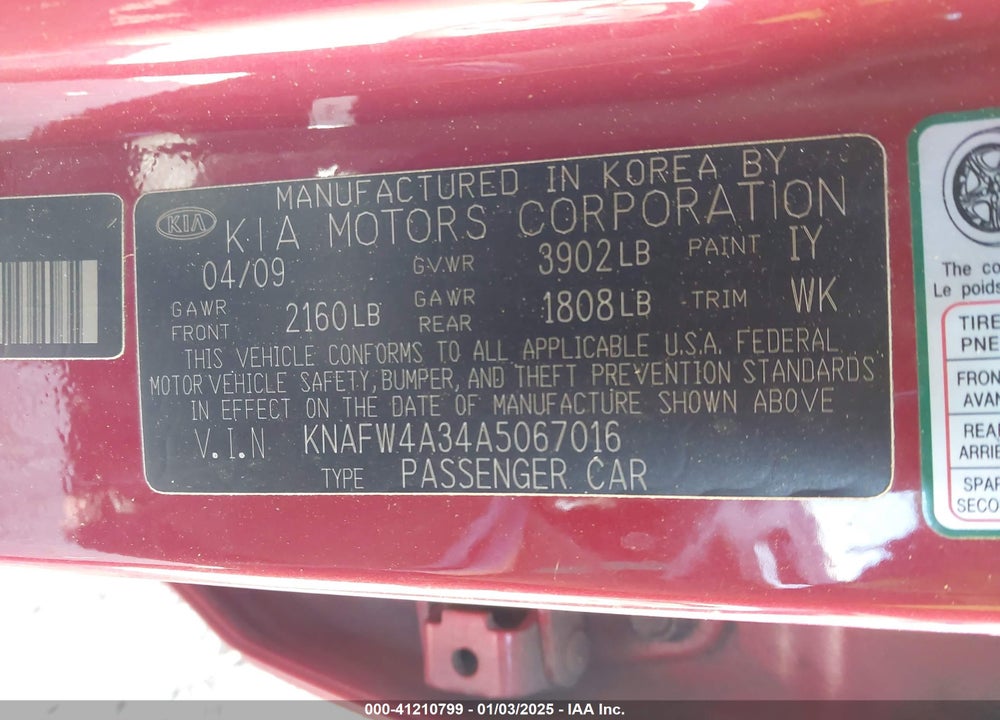 2010 KIA FORTE VIN: KNAFW4A34A5067016