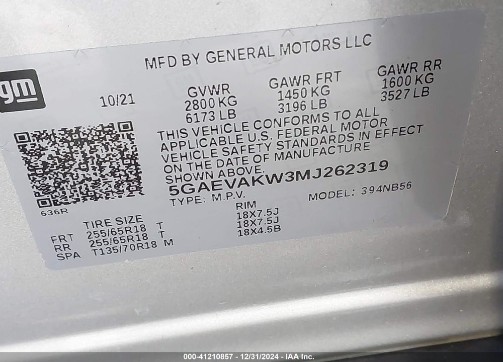 2021 BUICK ENCLAVE AWD ESSENCE VIN: 5GAEVAKW3MJ262319