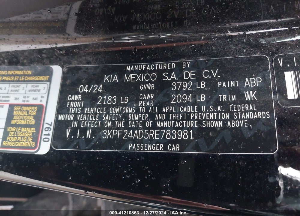 2024 KIA FORTE LXS VIN: 3KPF24AD5RE783981