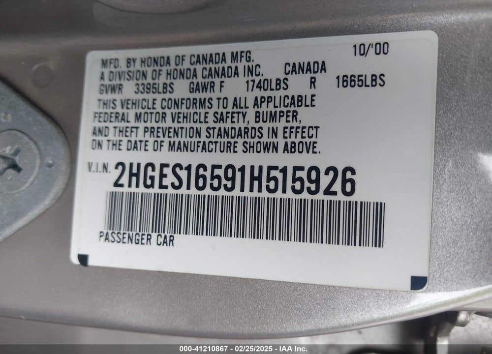 2001 HONDA CIVIC LX VIN: 2HGES16591H515926