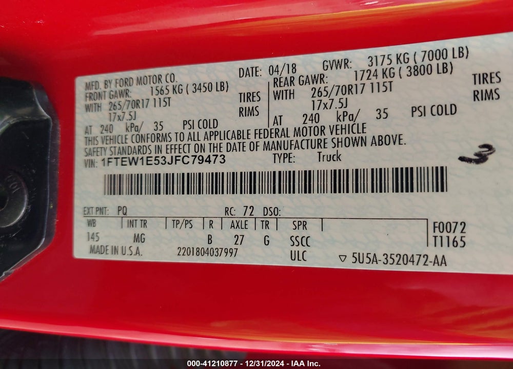 2018 FORD F-150 XLT VIN: 1FTEW1E53JFC79473