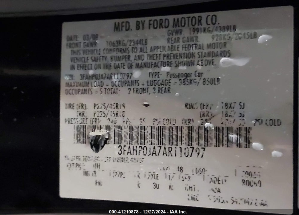 2010 FORD FUSION SEL VIN: 3FAHP0JA7AR110797
