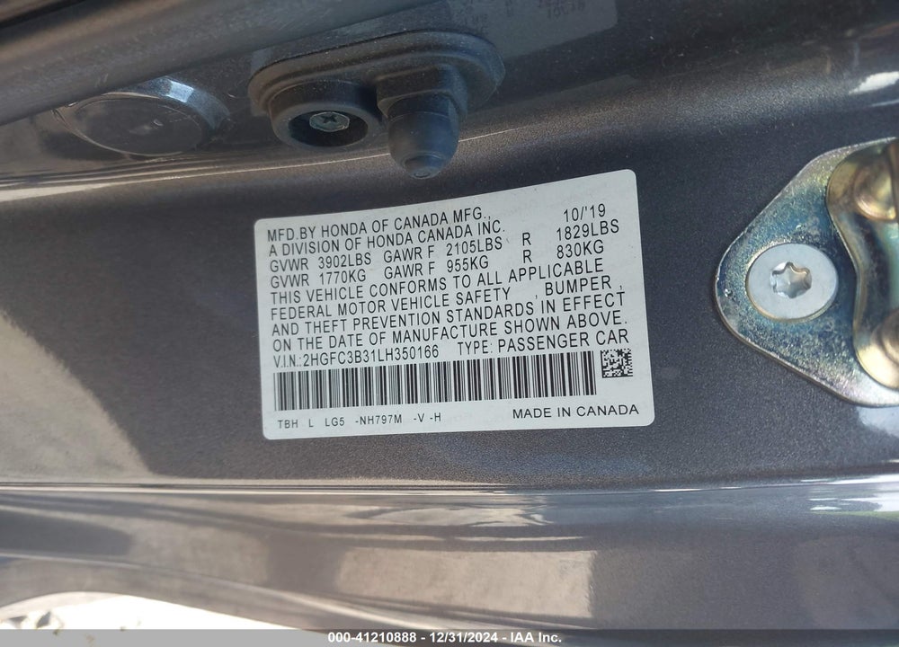 2020 HONDA CIVIC EX VIN: 2HGFC3B31LH350166