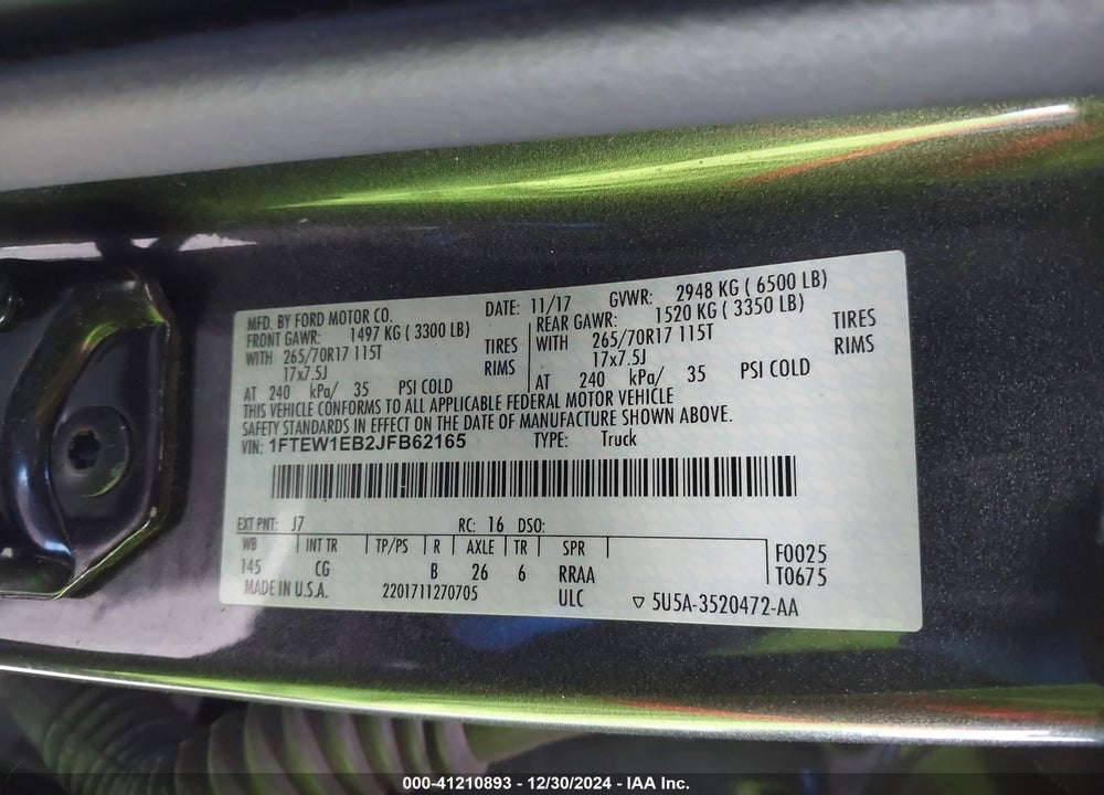 2018 FORD F-150 XL VIN: 1FTEW1EB2JFB62165
