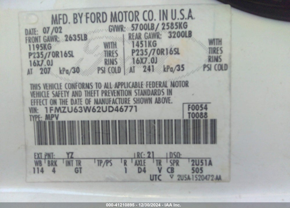 2002 FORD EXPLORER XLT VIN: 1FMZU63W62UD46771