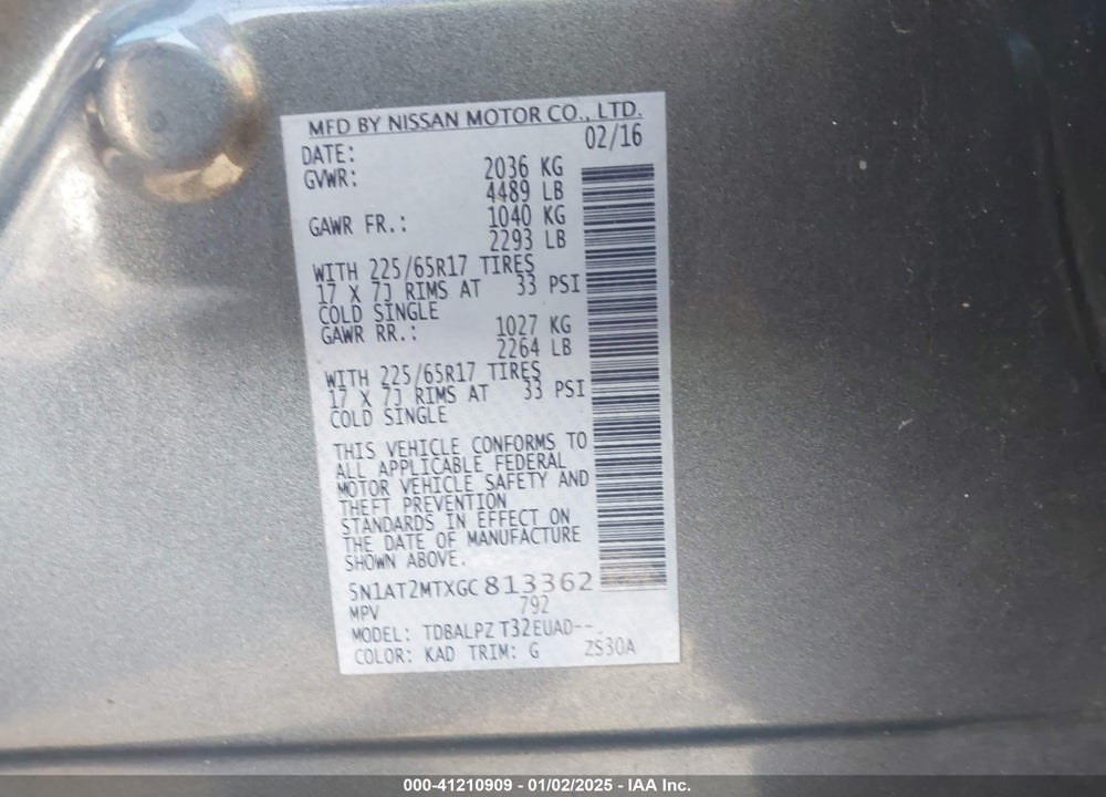 2016 NISSAN ROGUE S VIN: 5N1AT2MTXGC813362