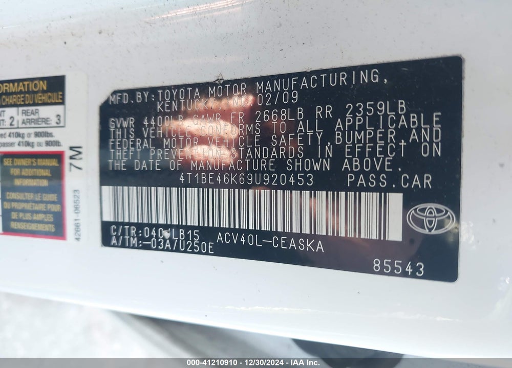 2009 TOYOTA CAMRY SE VIN: 4T1BE46K69U920453