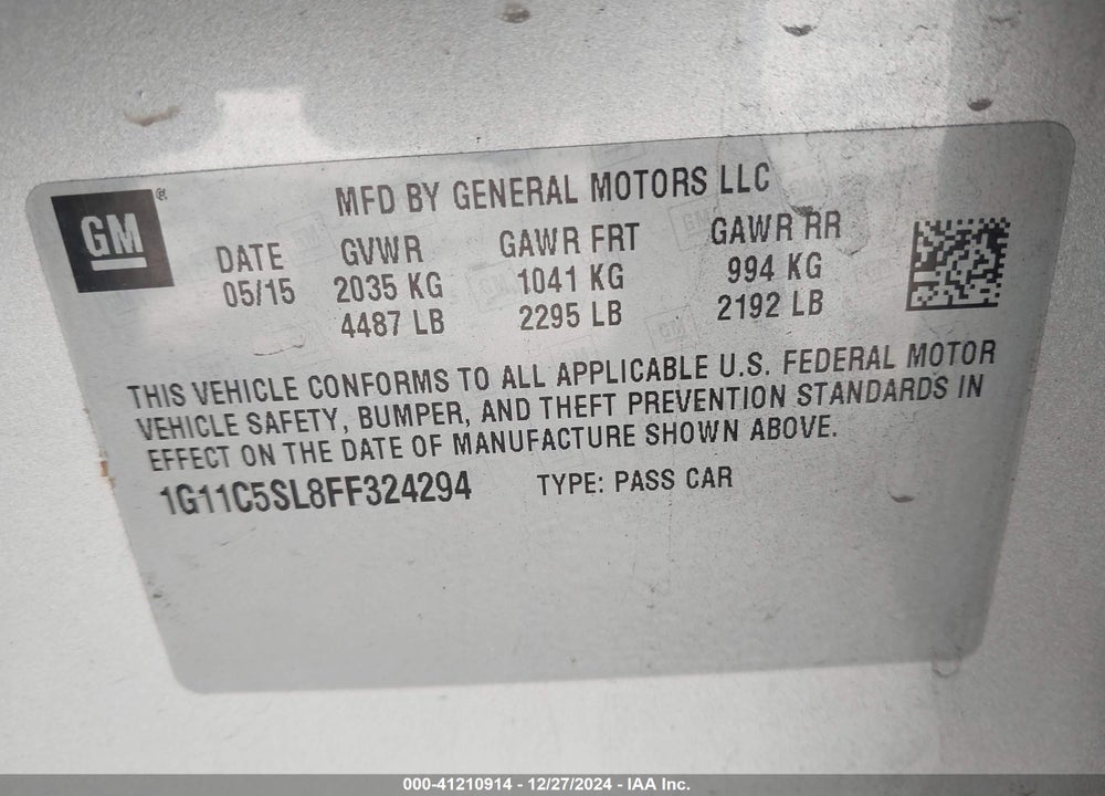 2015 CHEVROLET MALIBU 1LT VIN: 1G11C5SL8FF324294