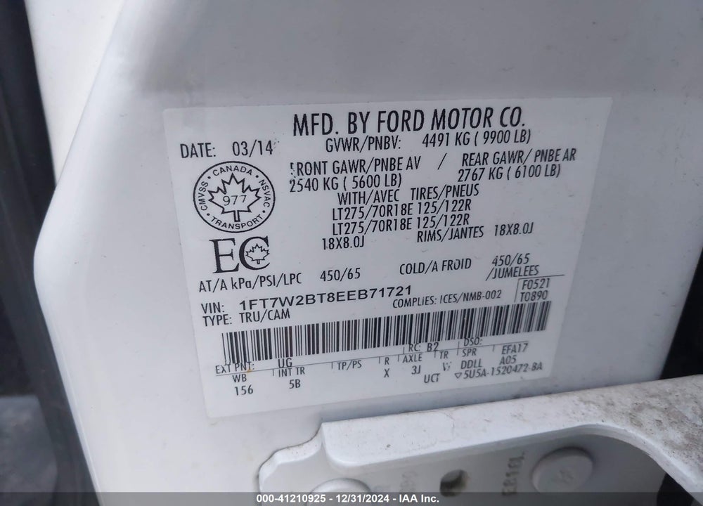 2014 FORD F-250 VIN: 1FT7W2BT8EEB71721