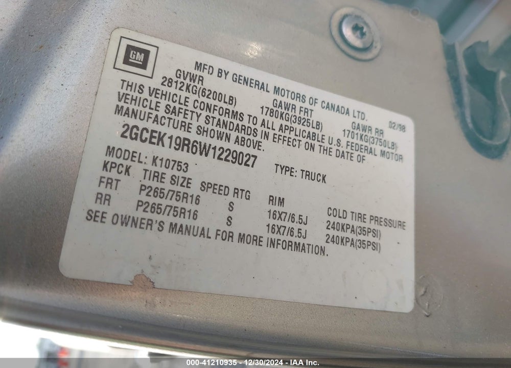 1998 CHEVROLET K1500 FLEETSIDE VIN: 2GCEK19R6W1229027