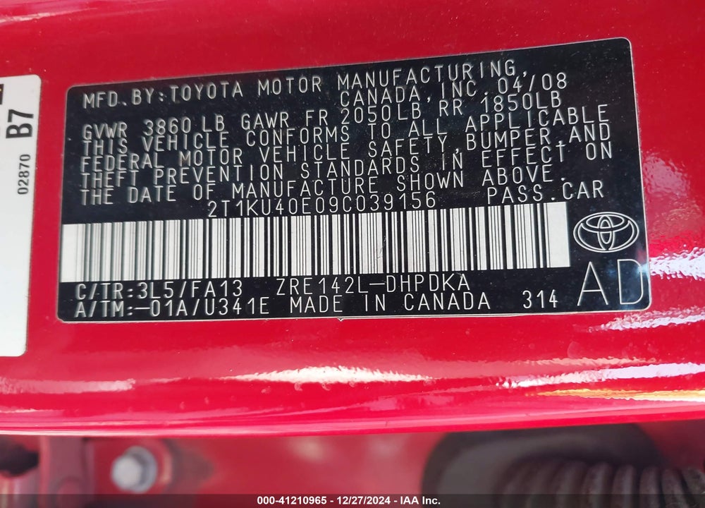 2009 TOYOTA COROLLA MATRIX VIN: 2T1KU40E09C039156
