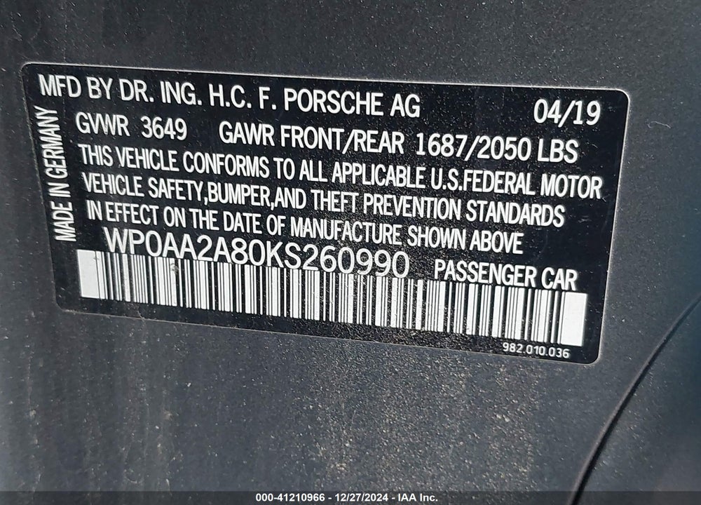 2019 PORSCHE 718 CAYMAN VIN: WP0AA2A80KS260990