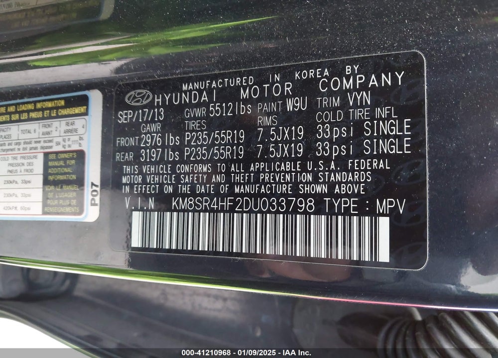 2013 HYUNDAI SANTA FE LIMITED VIN: KM8SR4HF2DU033798