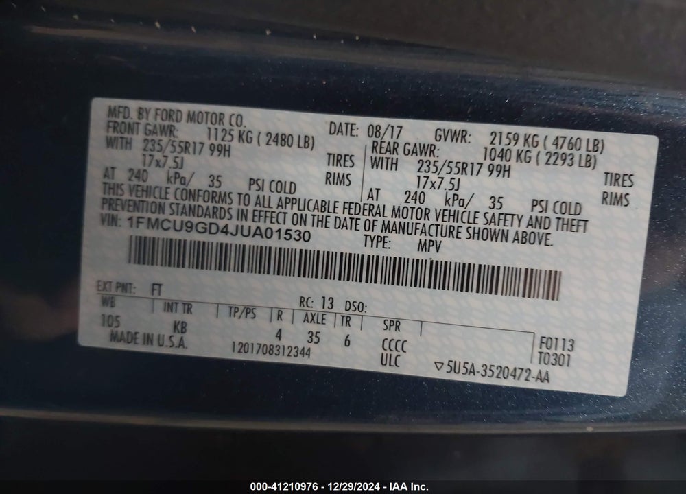 2018 FORD ESCAPE SE VIN: 1FMCU9GD4JUA01530