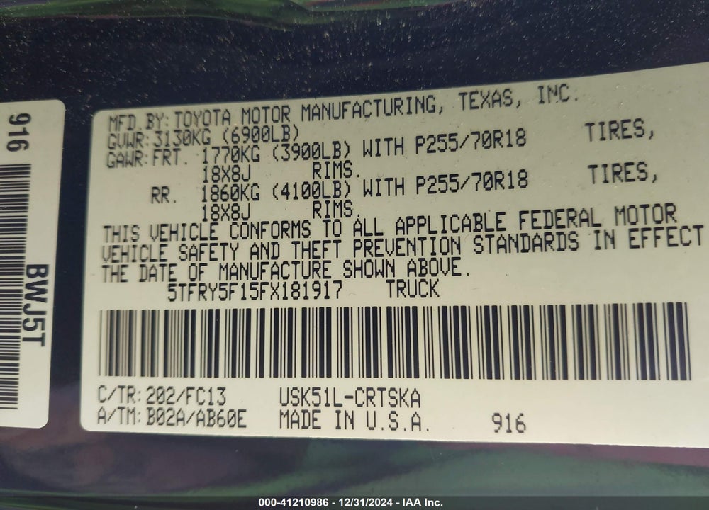2015 TOYOTA TUNDRA DOUBLE CAB SR/DOUBLE CAB SR5 VIN: 5TFRY5F15FX181917