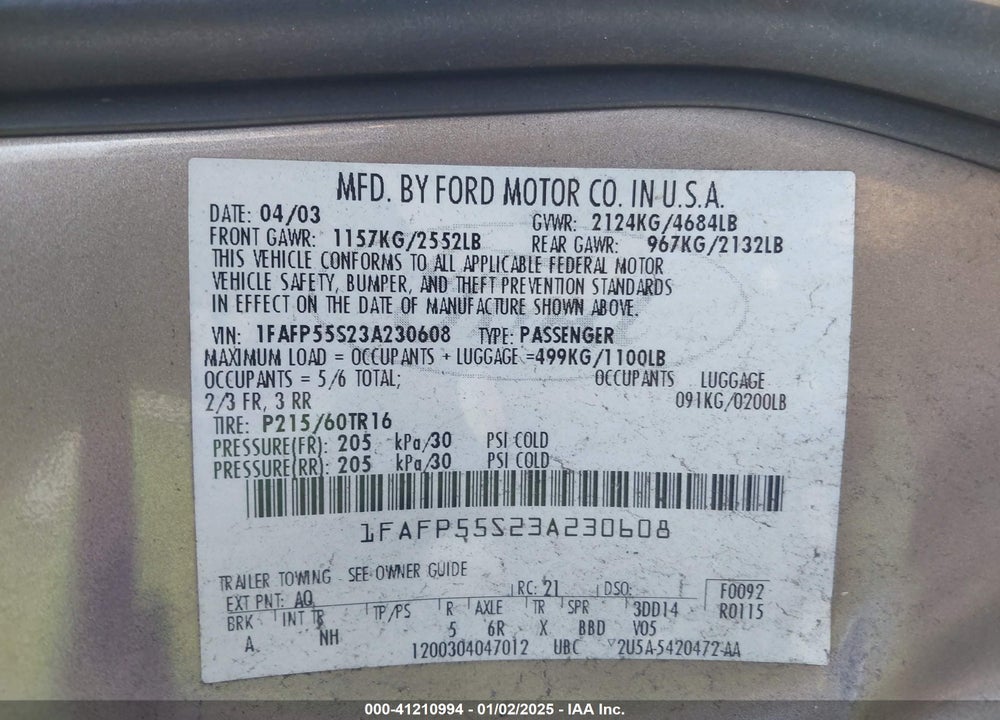 2003 FORD TAURUS SES VIN: 1FAFP55S23A230608