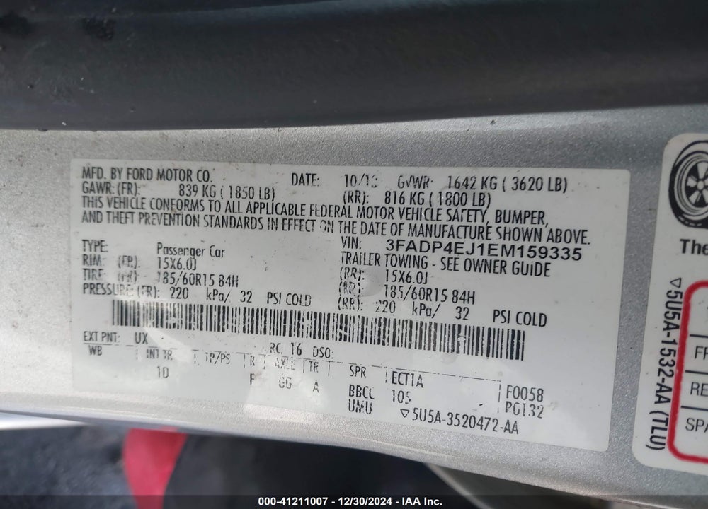 2014 FORD FIESTA SE VIN: 3FADP4EJ1EM159335