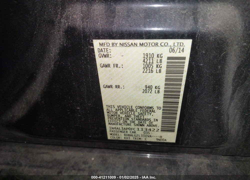 2015 NISSAN ALTIMA VIN: 1N4AL3AP0FC113422