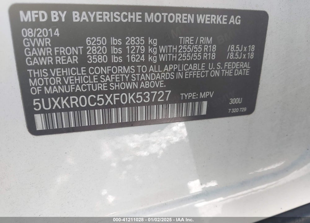 2015 BMW X5 XDRIVE35I VIN: 5UXKR0C5XF0K53727