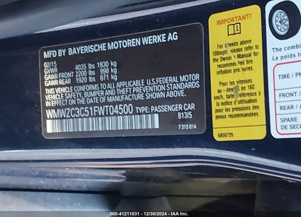 2015 MINI COUNTRYMAN COOPER S VIN: WMWZC3C51FWT04500