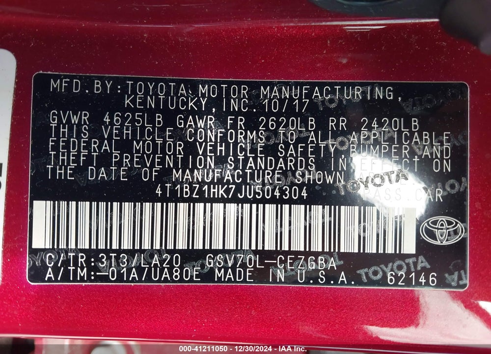 2018 TOYOTA CAMRY XSE/XLE VIN: 4T1BZ1HK7JU504304