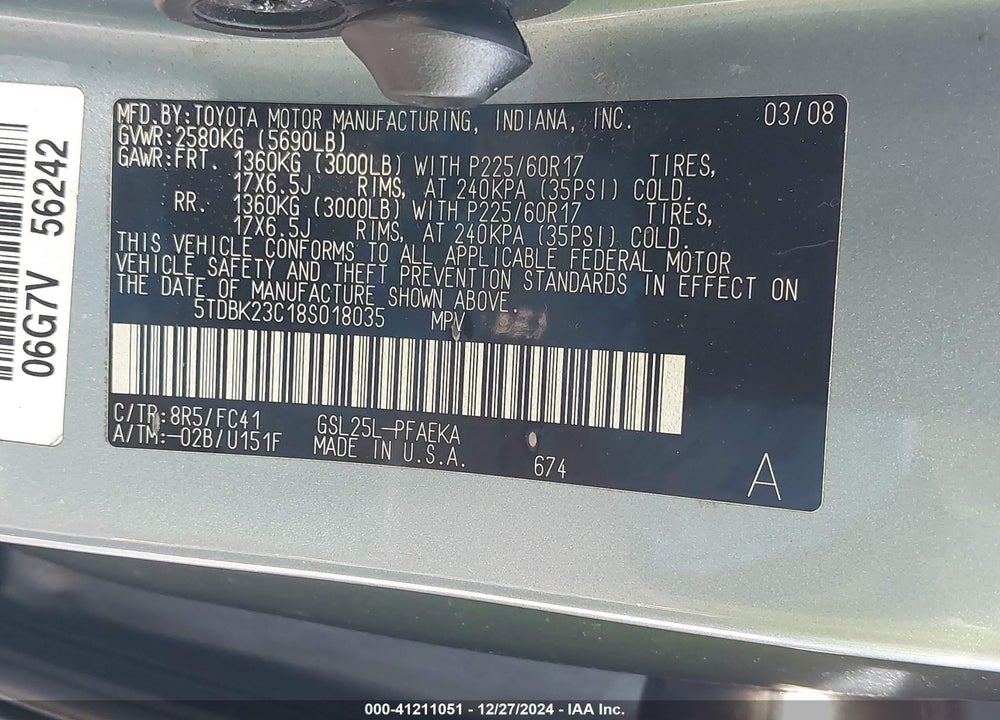 2008 TOYOTA SIENNA LE VIN: 5TDBK23C18S018035